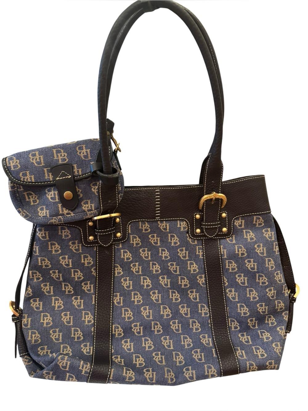 Dooney & Bourke Monogram Denim Tote w/matching wristlet/pouch - LIKE NEW Y2K - Picture 1 of 15